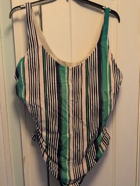 Striped Green & Navy Eloquii 28WOne-Piece Swimsuit